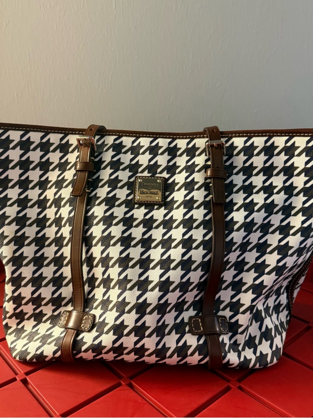 Dooney & Bourke Blue Gray Houndstooth Tote with Brown Trim